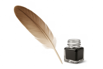 Vintage quill pen resting beside glass inkwell, highlighting traditional calligraphy writing tools against transparent background