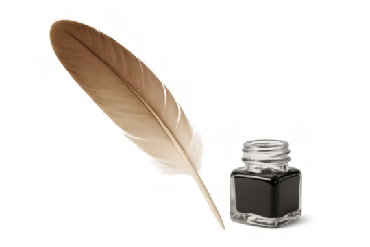 Vintage quill pen resting beside glass inkwell, highlighting traditional calligraphy writing tools against transparent background