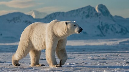 A majestic polar bear walks across the frozen arctic landscape with snowcovered mountains in the background under a clear sky