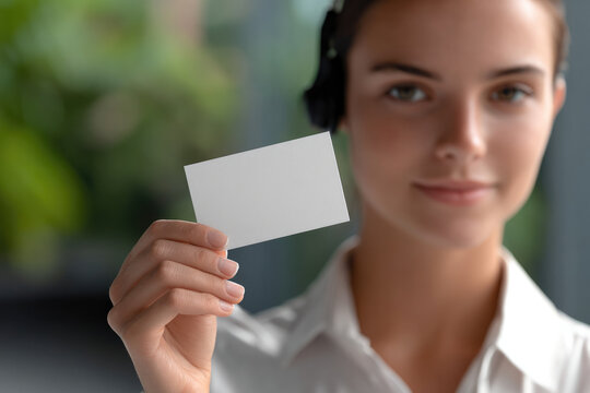Young woman with headset holding blank business card, close up, professional, confident, office background, copy space, friendly expression