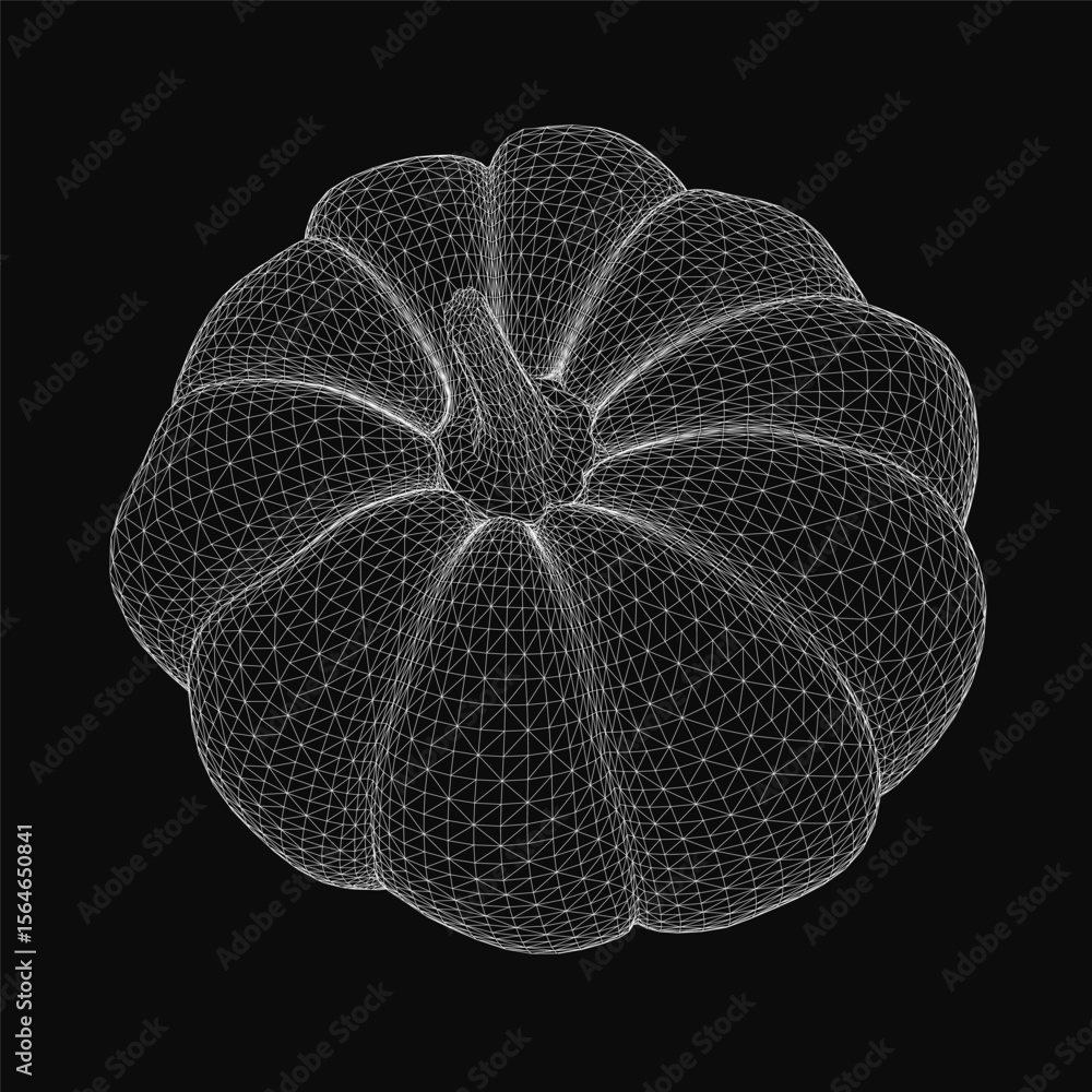 Poster black and white wireframe pumpkin with intricate lines and curves, creating a realistic 3d effect on