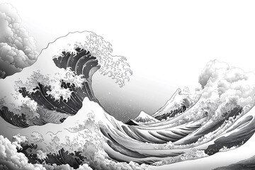 Dynamic Ocean Waves & Mountains - Classic Japanese Art Style