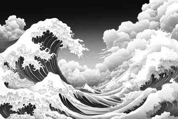 Grayscale Asian Landscape - Iconic Ukiyo-e Waves and Fuji