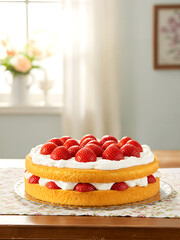 Strawberry Shortcake on Wooden Table, Homemade Dessert with Whipped Cream and Fresh Berries &ndash; AI Generated