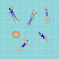 Women swimming in a pool, top view.
