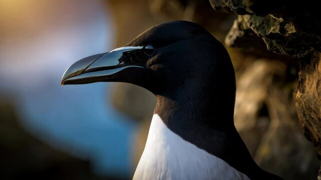 Close-up portrait of a Razorbill bird showing its black and white plumage, sleek beak, and detail in a natural rock habitat