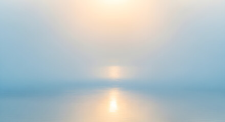 Golden light reflects on calm waters in a serene seascape with soft fog and pastel colors creating a calming ambiance.
