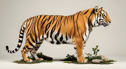 Fototapeta premium Majestic Tiger Profile: Striking Portrait of a Bengal Tiger in Studio Setting.