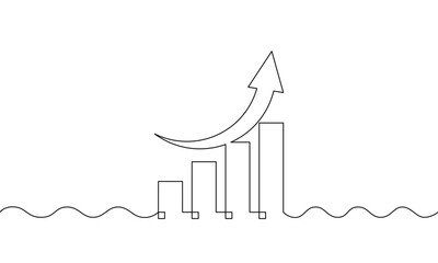 Continuous line drawing of graph with increasing arrow up. Illustration vector of bar chart sign symbol. Single line art of buiness growth. Flat icon of object one line 
