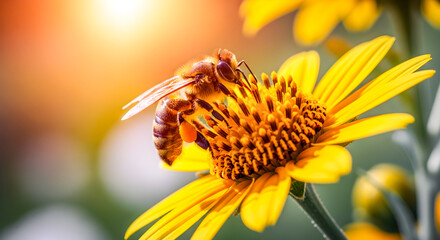 Honeybee gathers pollen from a bright yellow flower in warm sunlight during pollination, a vital process for plant reproduction.