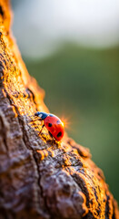 Ladybug rests on textured bark illuminated by warm golden sunlight in a close up nature scene.