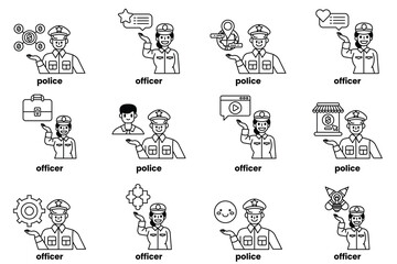 Set of illustrations of police and things in line art style