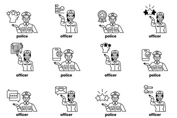 Set of illustrations of police and things in line art style