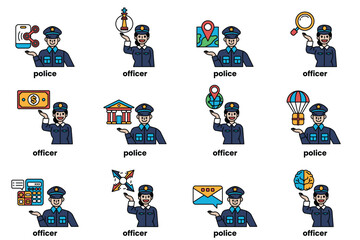 Set of illustrations of police and things in line art style
