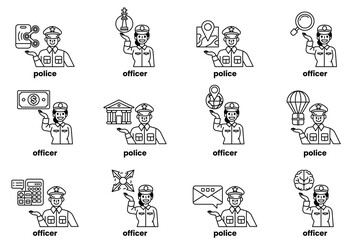 Set of illustrations of police and things in line art style