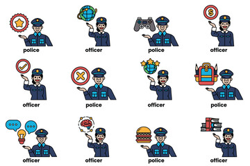 Fototapeta premium Set of illustrations of police and things in line art style