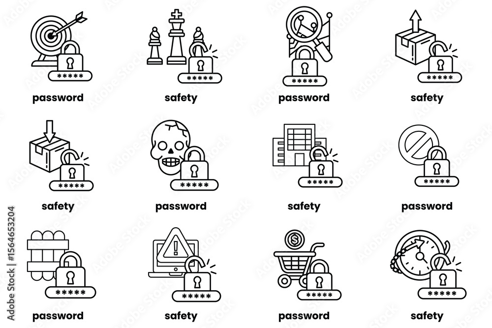 Poster set of illustrations of password keys and stuff in line art style