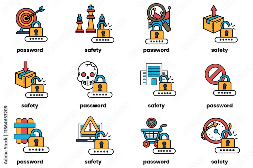 Poster set of illustrations of password keys and stuff in line art style