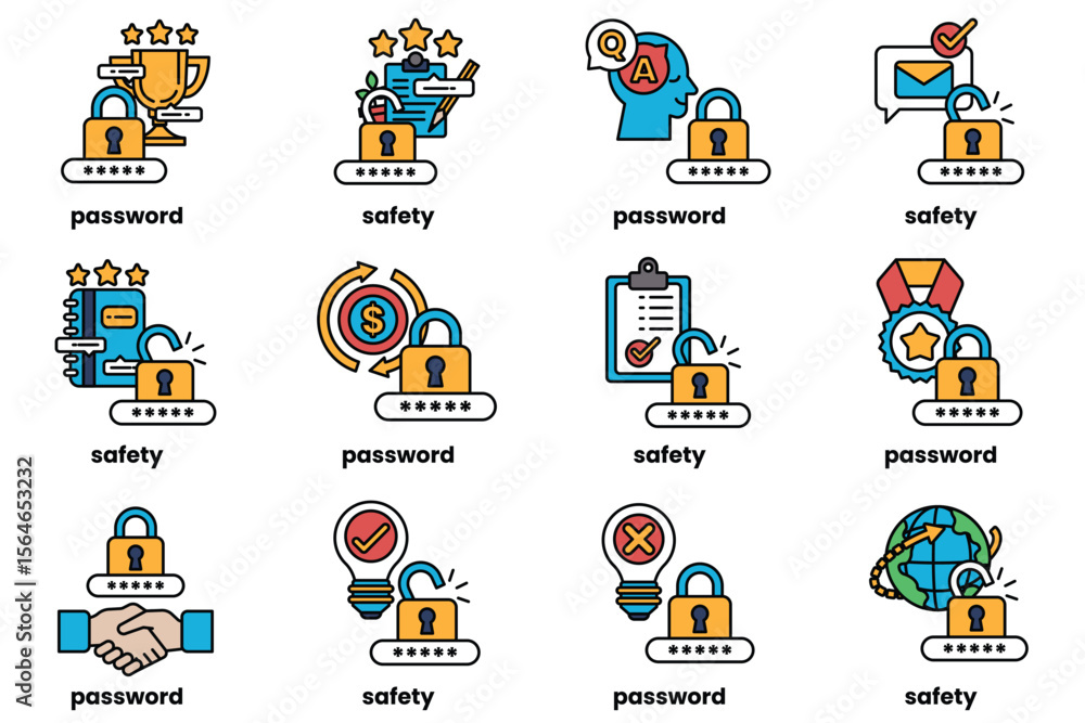 Poster set of illustrations of password keys and stuff in line art style