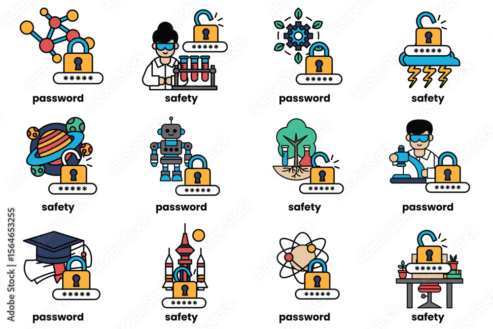 Poster set of illustrations of password keys and stuff in line art style