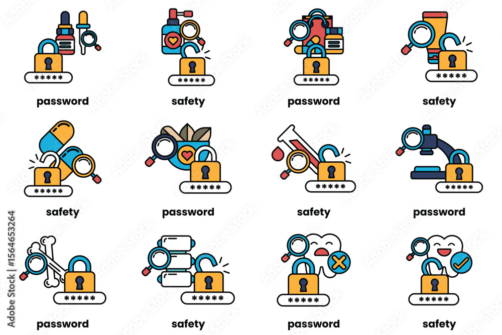 Poster set of illustrations of password keys and stuff in line art style