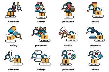 Obraz premium Set of illustrations of Password keys and stuff in line art style