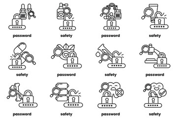 Set of illustrations of Password keys and stuff in line art style
