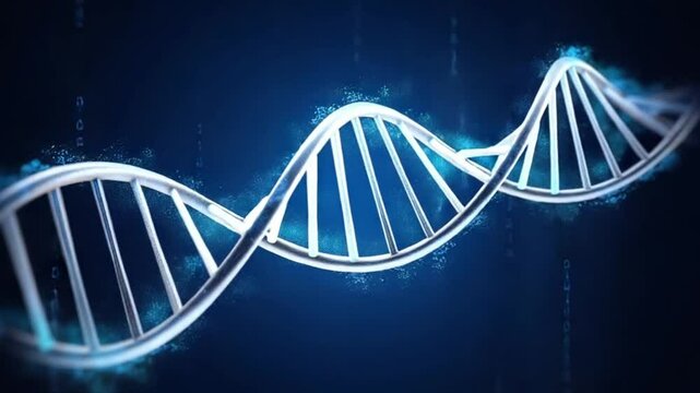 Stunning 4 K animation D N A double helix strand genetic code science medical technology futuristic glowing particles abstract background healthcare research biotechnology