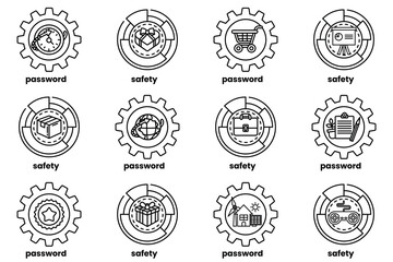 Obraz premium Set of illustrations of Gears and keys in line art style