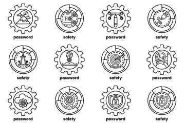 Set of illustrations of Gears and keys in line art style