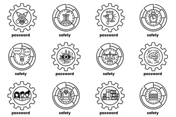 Set of illustrations of Gears and keys in line art style