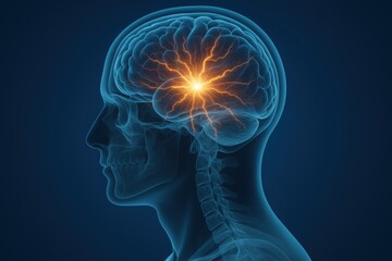 Obraz premium Brain Spark: A striking digital illustration of a human brain with a bright light emanating from its core, symbolizing inspiration, innovation, and intellectual breakthrough.