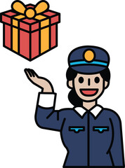 A woman in a blue uniform is holding a red box and smiling