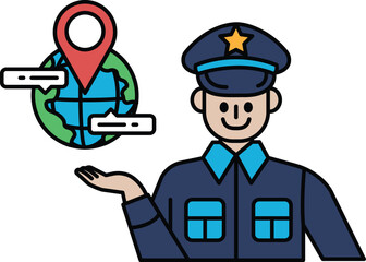 A man in a blue uniform is holding a globe and pointing to it