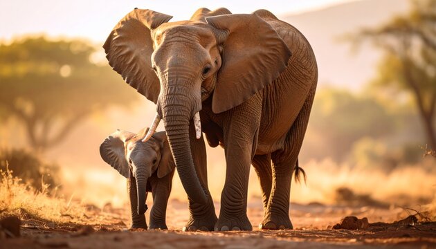 Mother Elephant with Baby Under Her Trunk 
