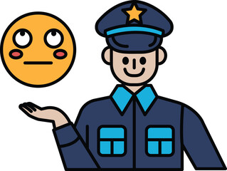 A man in a blue uniform is holding a yellow smiley face