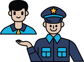 A cartoon of a man in a blue uniform holding a hand up to a man in a blue shirt