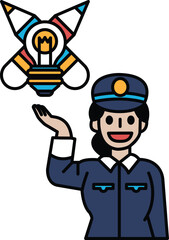 A woman in a blue uniform is holding a light bulb in her hand