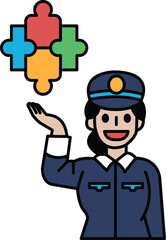 A woman in a blue uniform holding a puzzle piece