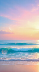 Serene coastal beach vista showing gentle ocean waves and soft sunlight at sunset, evoking peaceful vibes.