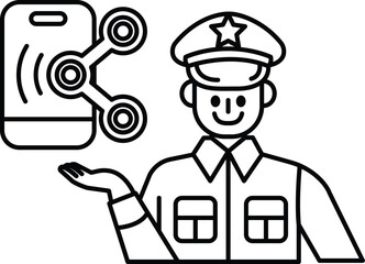 A man in a uniform is holding a cell phone and smiling