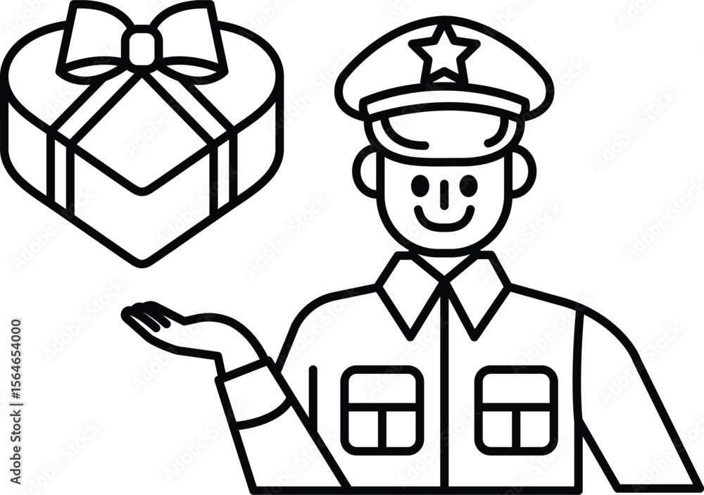 Poster a man in a uniform is holding a box with a bow on it