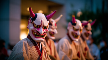 Hannya Matsuri Celebration with White Demon Masks and Horns during Night Parade in Japan