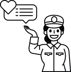 A woman in a uniform is holding her hand up in a gesture of greeting