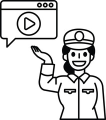 A woman in a uniform is holding a hand up in front of a screen with a video play