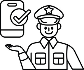 A man in a uniform is holding a cell phone and smiling