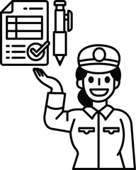A woman is holding a pen and a piece of paper with a check mark on it