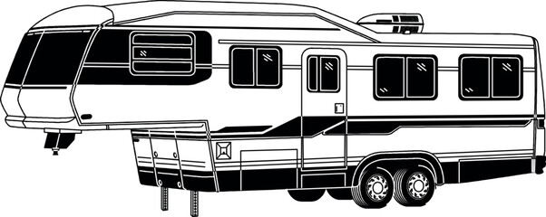 RV, travel trailer, camper, motor home, line art, black and white, illustration, recreational vehicle, fifth wheel, van camper, vintage RV 10