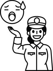 A woman in a uniform is smiling and holding her hand up