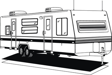RV, travel trailer, camper, motor home, line art, black and white, illustration, recreational vehicle, fifth wheel, van camper, vintage RV 9
